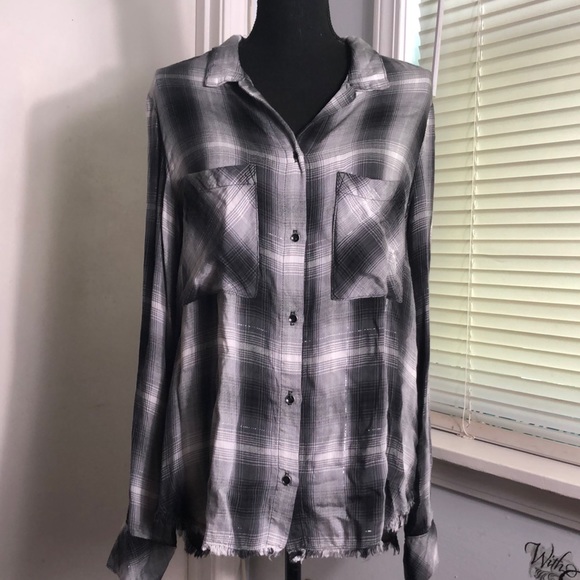 Anthro Cloth & Stone Black and Gray Plaid Fringe Button Up Shirt Top Blo… - Picture 1 of 8